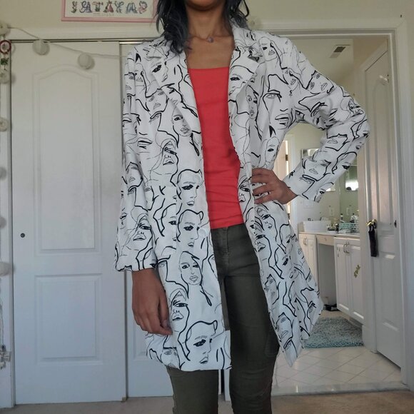lightweight white professional long coat jacket with face illustrations - Picture 2 of 6